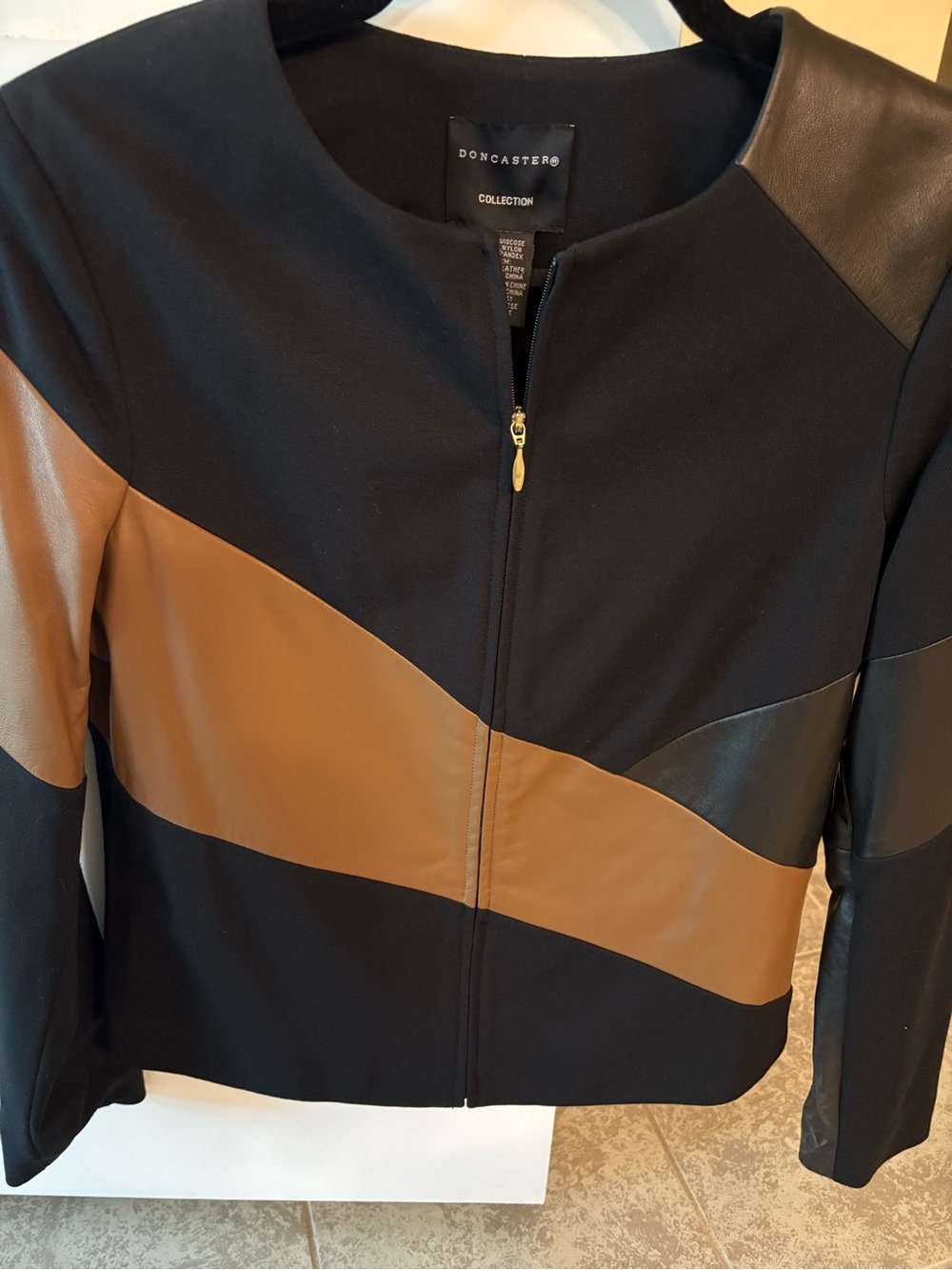 Doncaster Black and Tan Colorblock Leather-Trim Zip Jacket